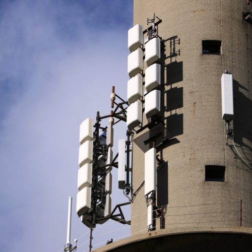Cell tower sector antennas. Mobile 5G transmitter equipment.